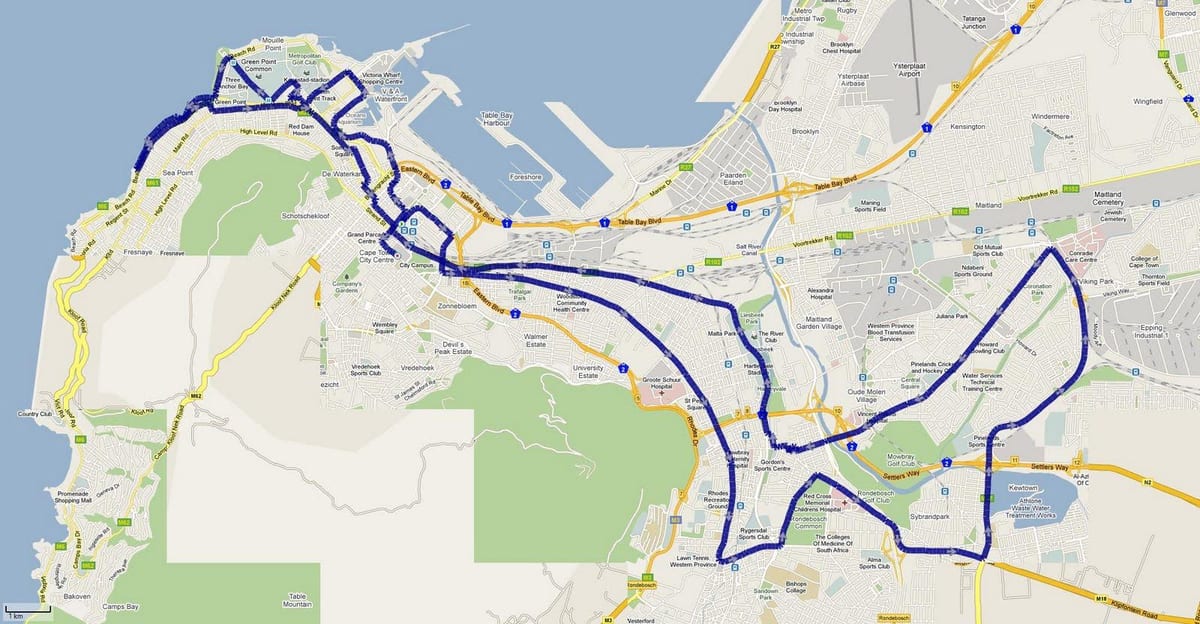 la mappa di Città del Capo, percorso della maratona