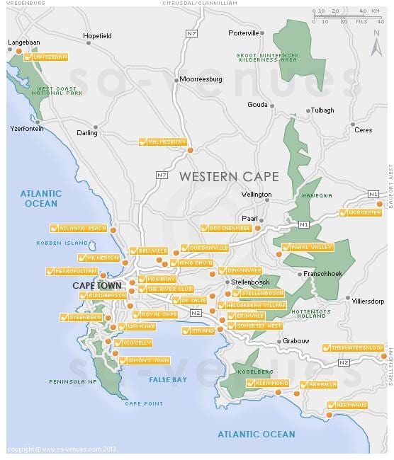 la mappa di Città del Capo, campi da golf 