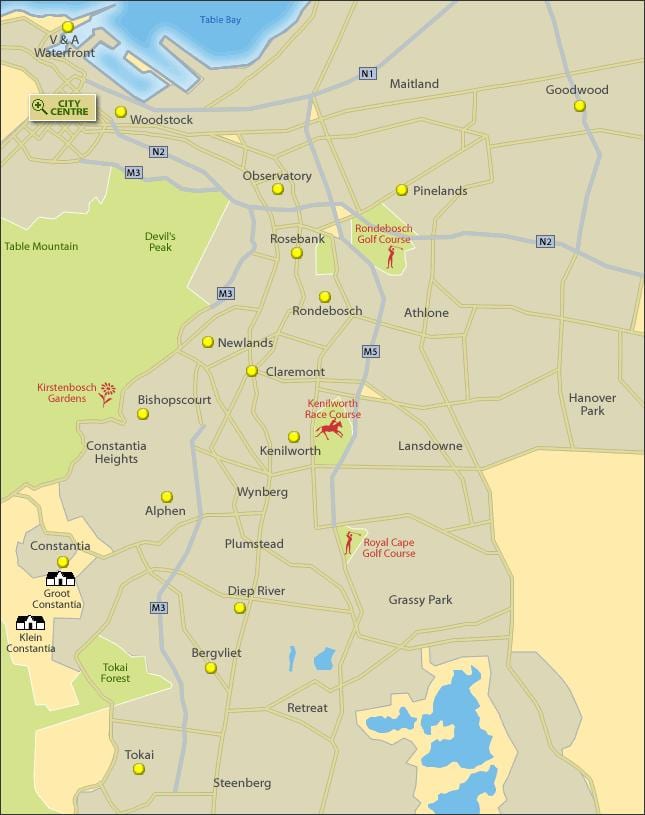 la mappa di Città del Capo periferia sud