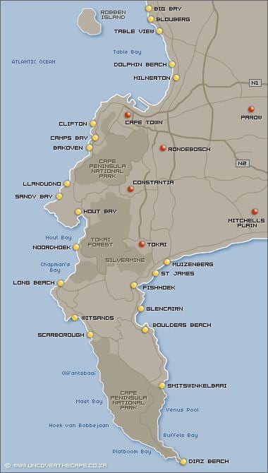 la mappa di Città del Capo, spiagge