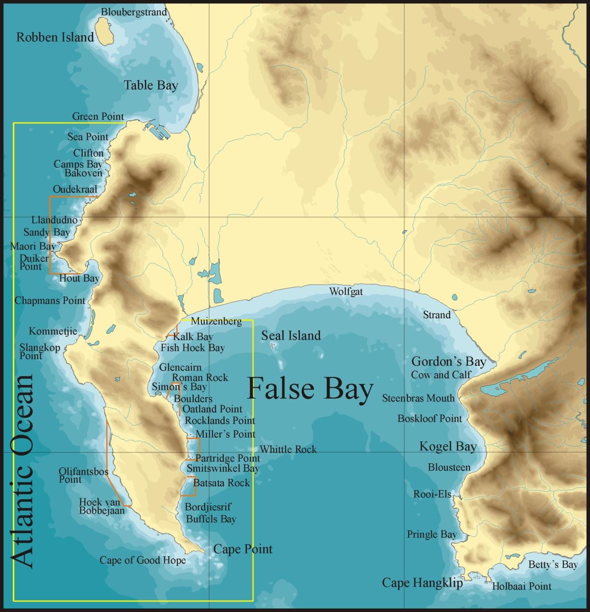 mappa di false bay, Città del Capo