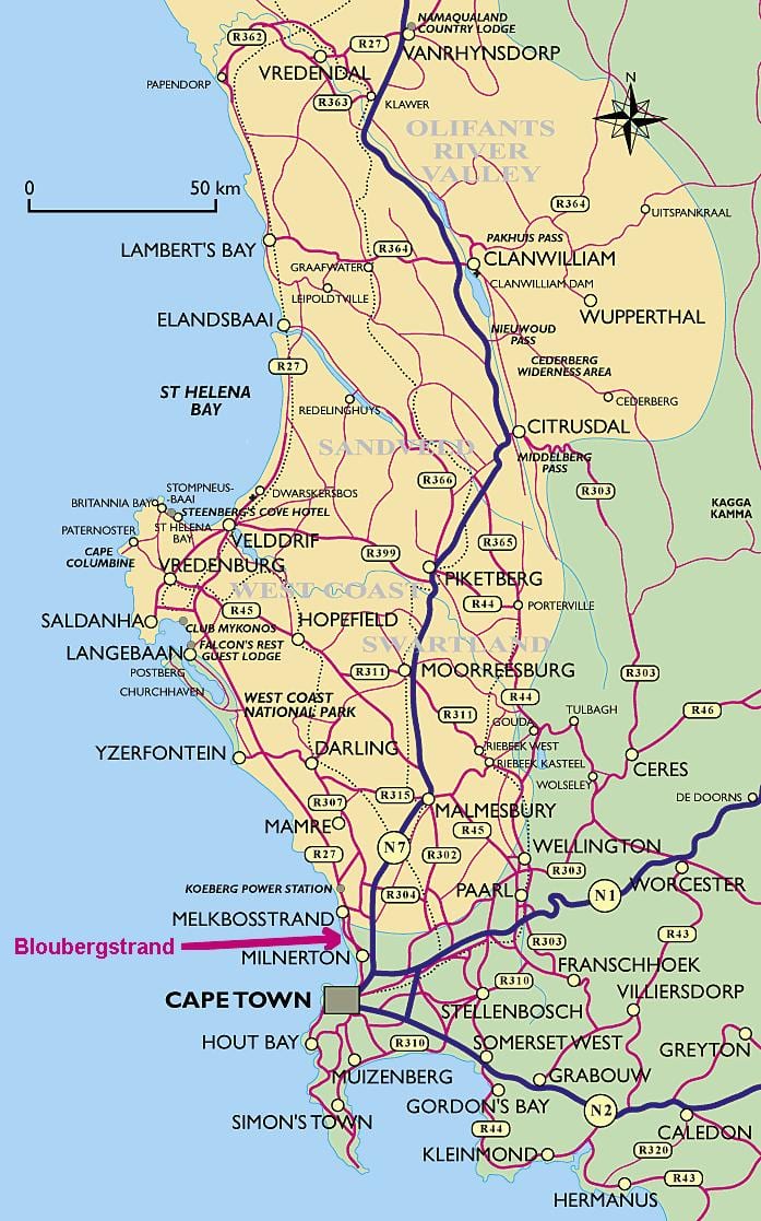 mappa della costa occidentale di Città del Capo