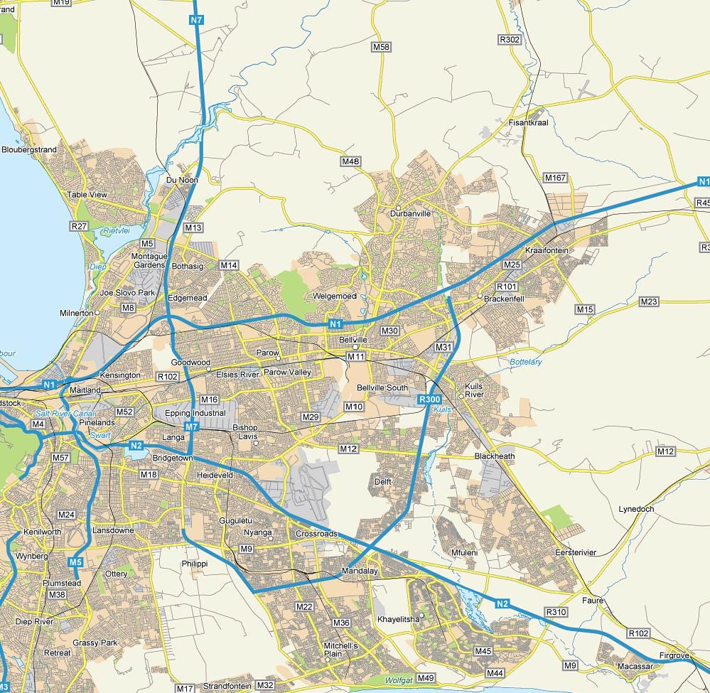 mappa di mappa stradale di Città del Capo bellville