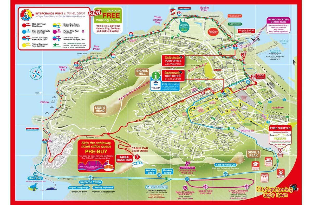 la mappa di Città del Capo hop on hop off bus 