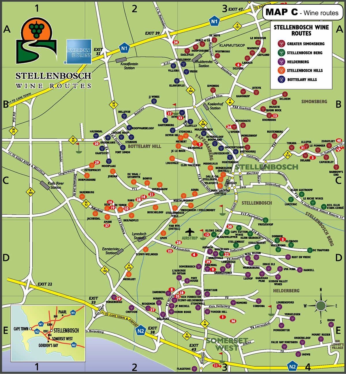 mappa della strada del vino mappa stradale di Città del Capo